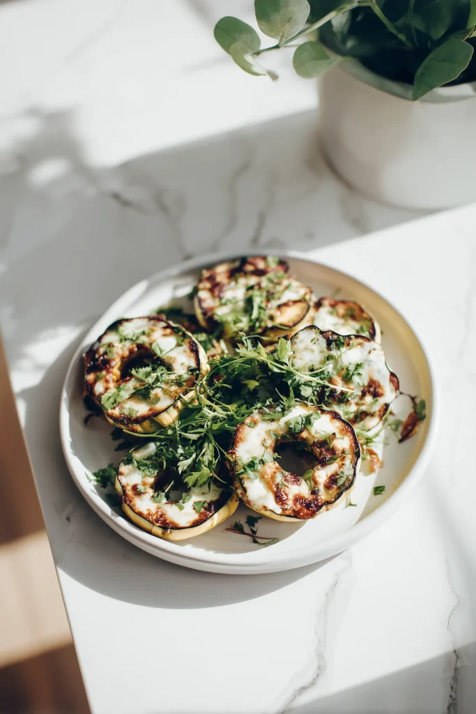 Stuffed Acorn Squash Rings (3 Ways for a Cozy Fall Feast) 3 Stuffed Acorn Squash Rings arranged on a serving platter with herb garnish, bright and inviting for sharing.
