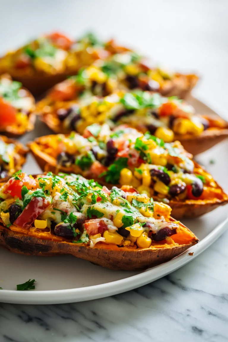 Split roasted sweet potatoes with savory fillings and golden cheese, featuring stuffed sweet potatoes on a bright background.