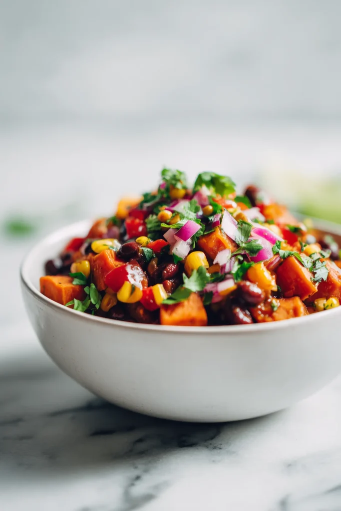 Cozy Stuffed Sweet Potatoes 2 A bowl with colorful southwest toppings for stuffed sweet potatoes including beans, corn, and tomatoes.