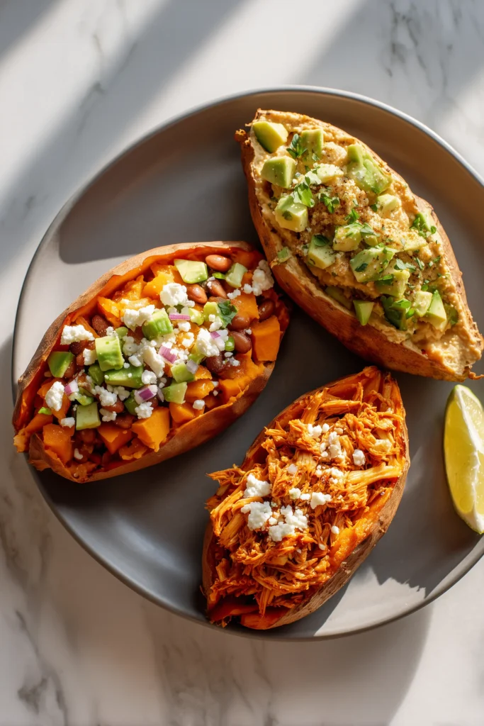 Cozy Stuffed Sweet Potatoes 4 Three stuffed sweet potatoes side by side, each with a unique filling, demonstrating stuffed sweet potatoes variations.