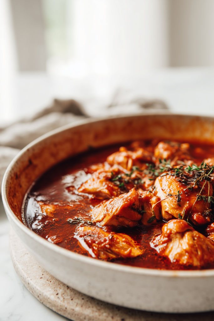Sweet Baby Ray’s Crockpot Chicken shown simmering in a slow cooker, bubbling in a rich, glossy barbecue sauce.