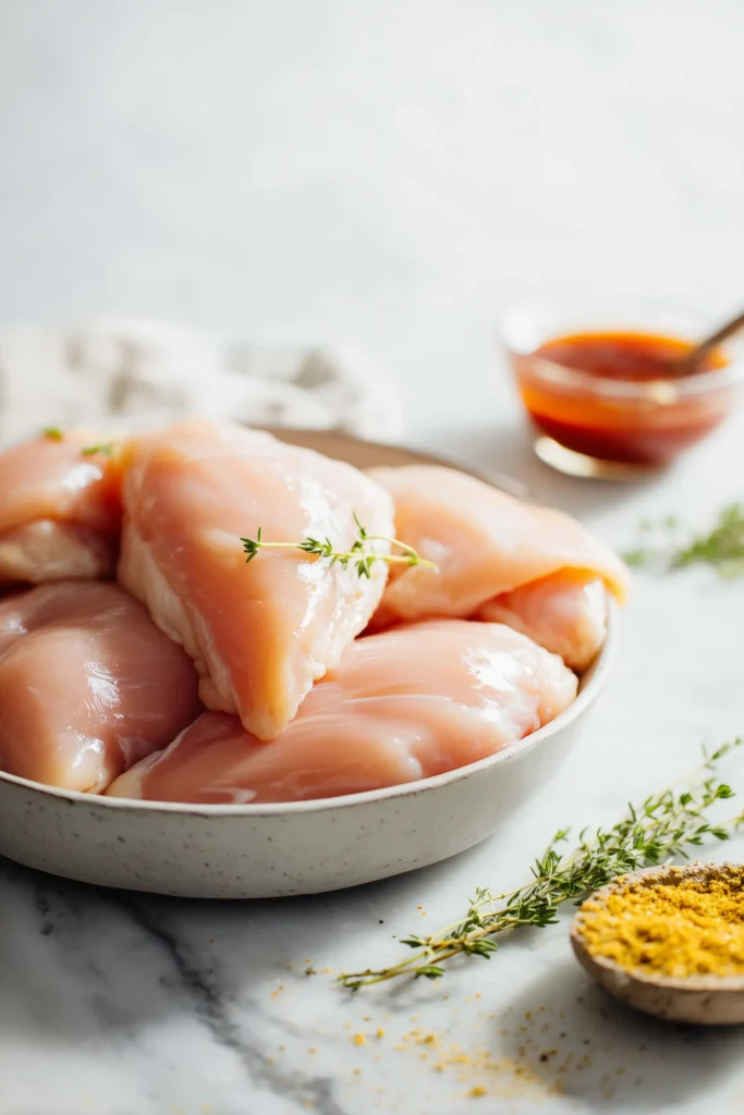 The ingredients for Sweet Baby Ray’s Crockpot Chicken laid out on a marble background, including chicken, barbecue sauce, and spices.
