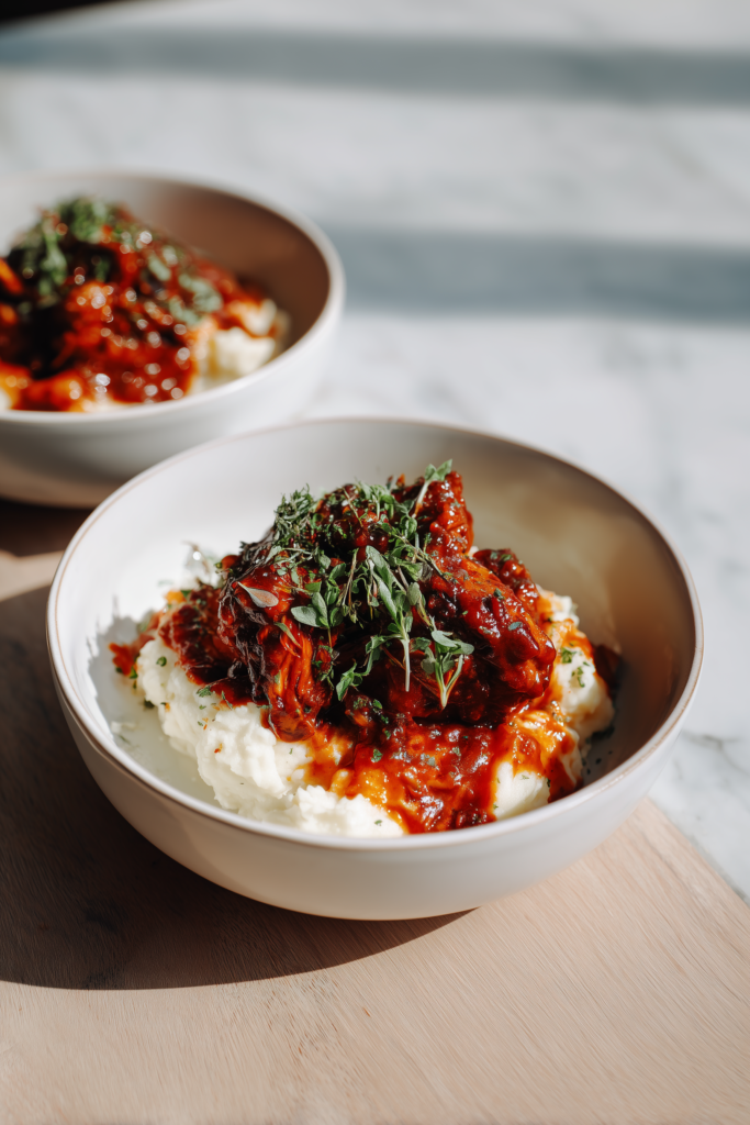 Sweet Baby Ray’s Crockpot Chicken served over mashed potatoes in a bowl, with sauce and fresh herbs.