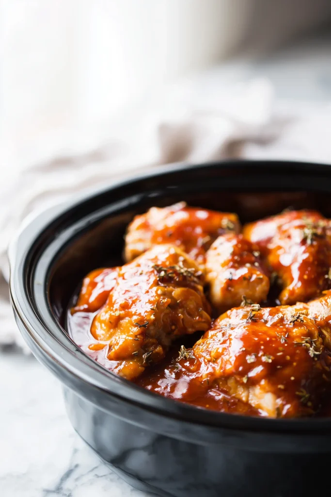 Chicken for Sweet Baby Ray’s Crockpot Chicken covered in barbecue sauce inside the crockpot before cooking.