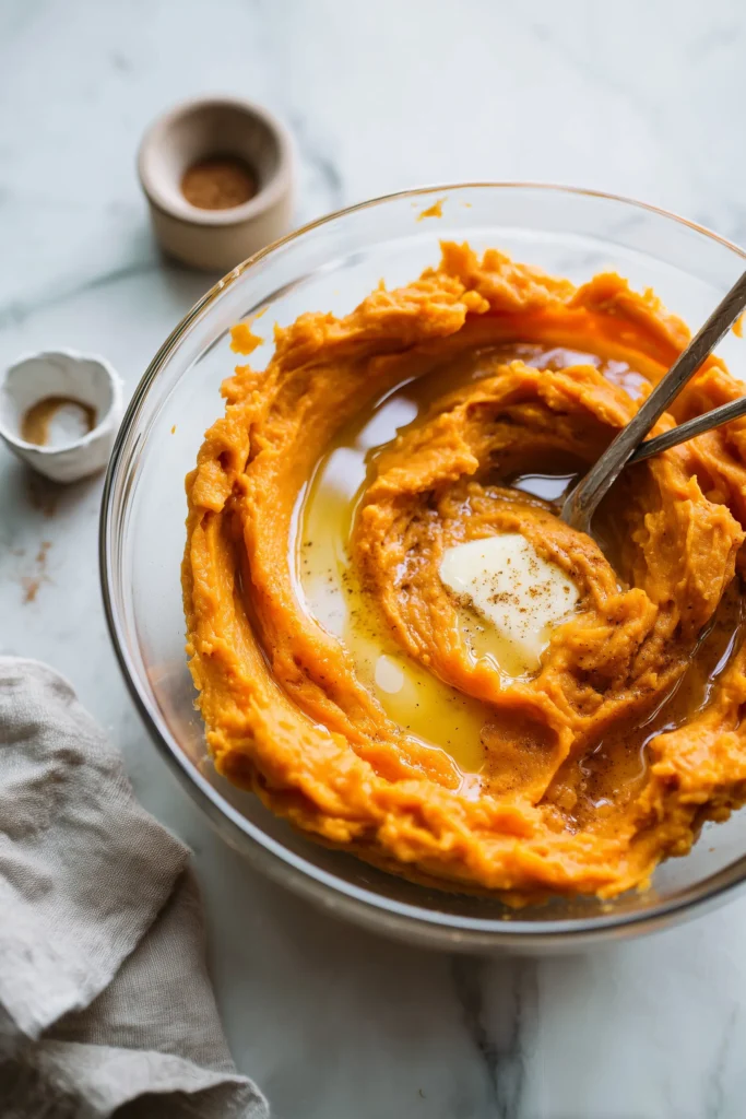 Close-up of mashed sweet potatoes being prepared for Southern Maple Sweet Potato Casserole.