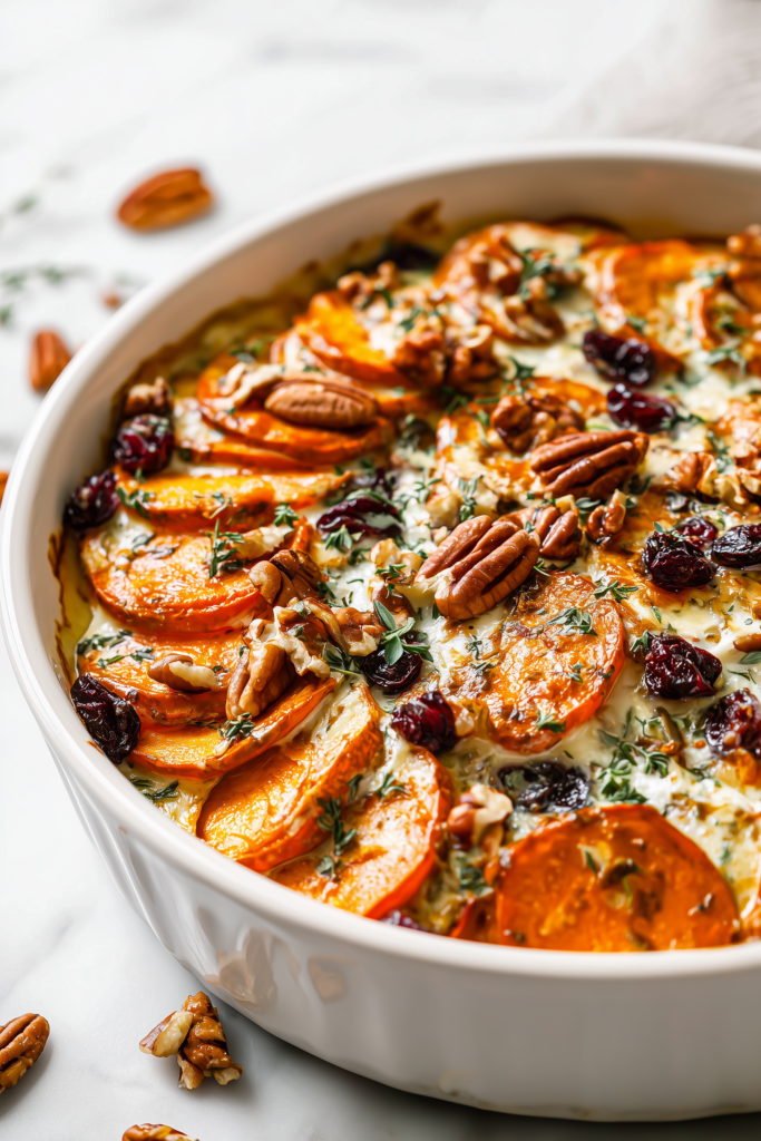 Overhead photo of Sweet Potato & Cranberry Gratin in a white casserole dish, with golden cheese, cranberries, and pecans.