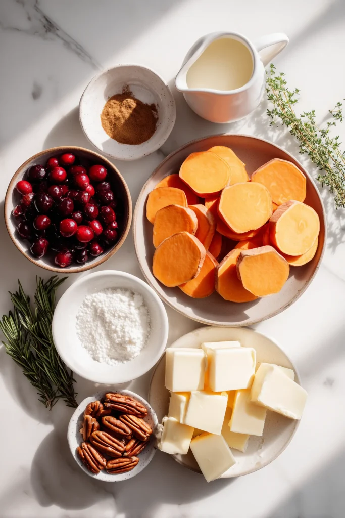 Overhead image of ingredients for Sweet Potato & Cranberry Gratin: sweet potatoes, cranberries, cheeses, cream, spices, and pecans.