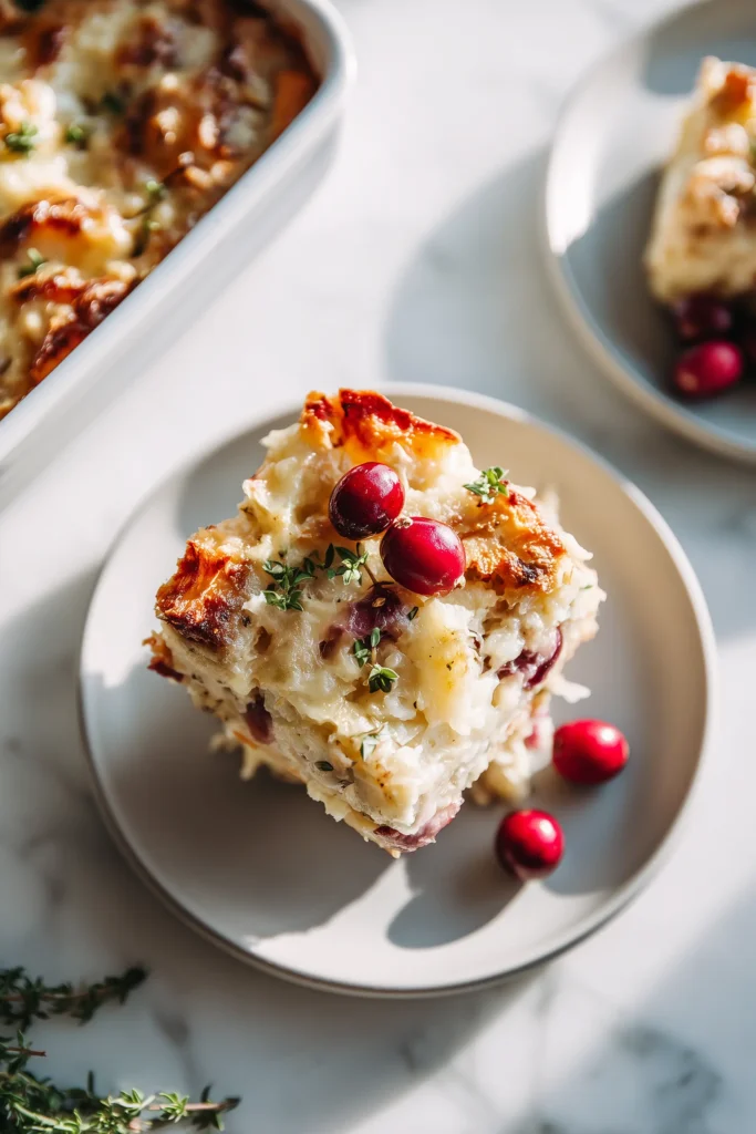 A serving of Sweet Potato & Cranberry Gratin on a plate, showing its creamy, layered texture and golden topping.