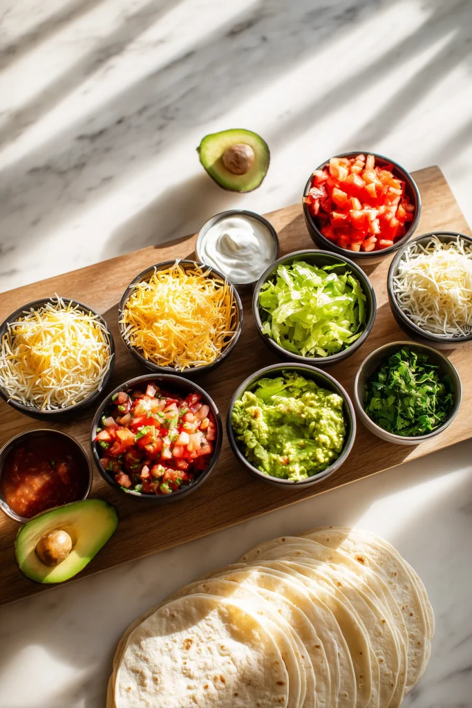 Fresh toppings for Ground Turkey Tacos displayed in bowls on a wooden surface.