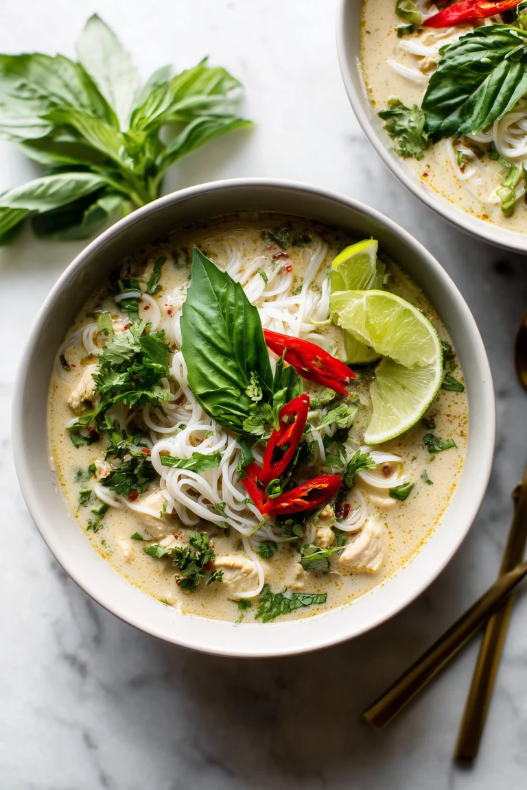 A cozy bowl of Thai Chicken Curry Soup with rice noodles, chicken, herbs, and a creamy coconut broth topped with fresh lime and herbs.