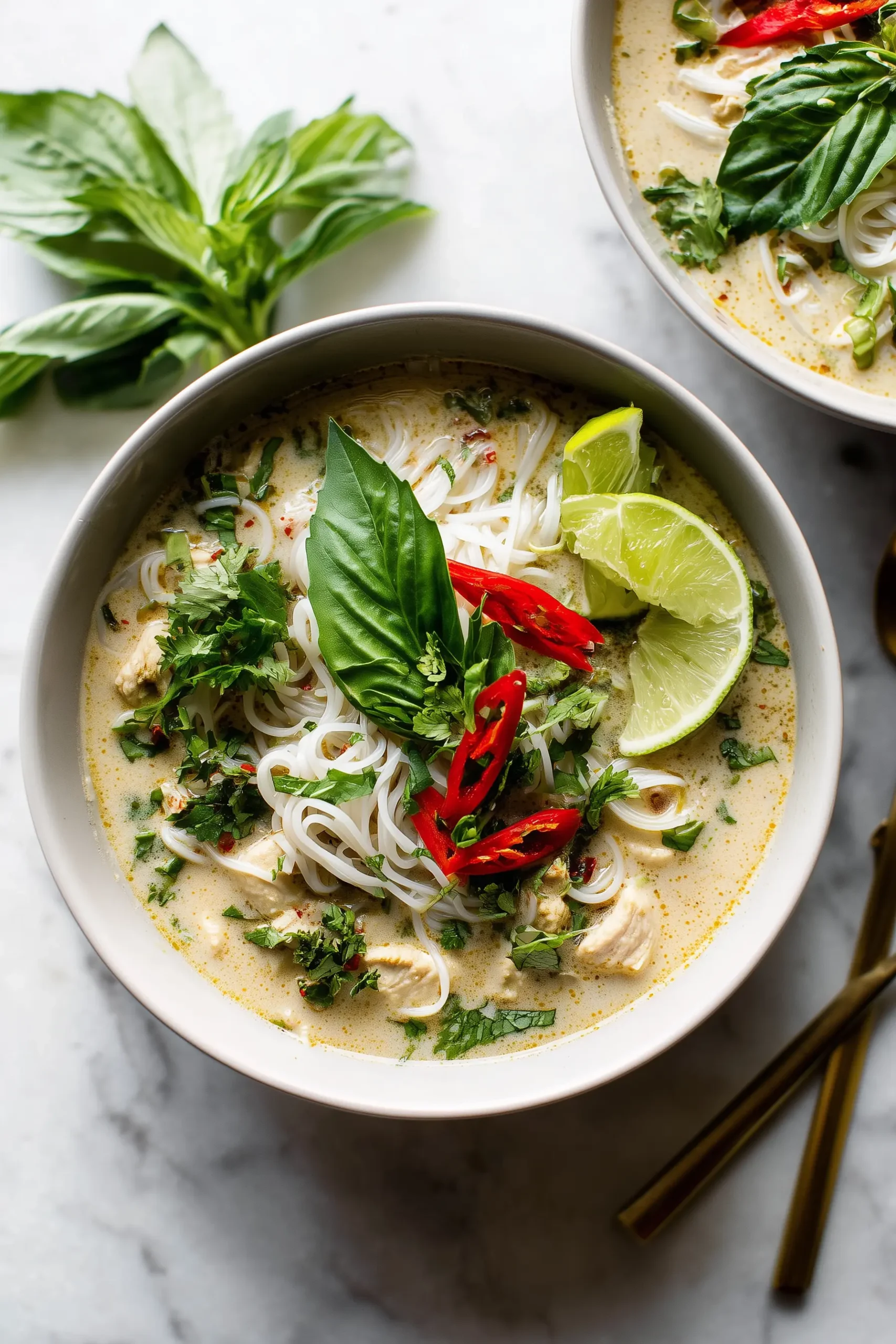 A cozy bowl of Thai Chicken Curry Soup with rice noodles, chicken, herbs, and a creamy coconut broth topped with fresh lime and herbs.