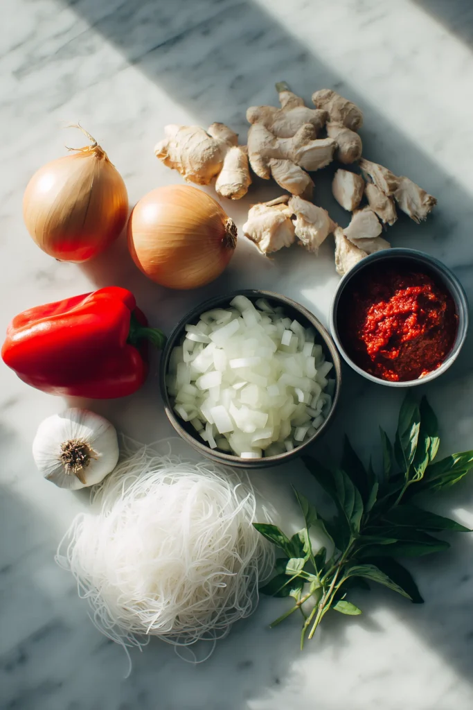 Thai Chicken Curry Soup 2 Thai Chicken Curry Soup ingredients—onion, peppers, fresh ginger, coconut milk, curry paste, noodles, chicken—arranged on a bright marble surface.