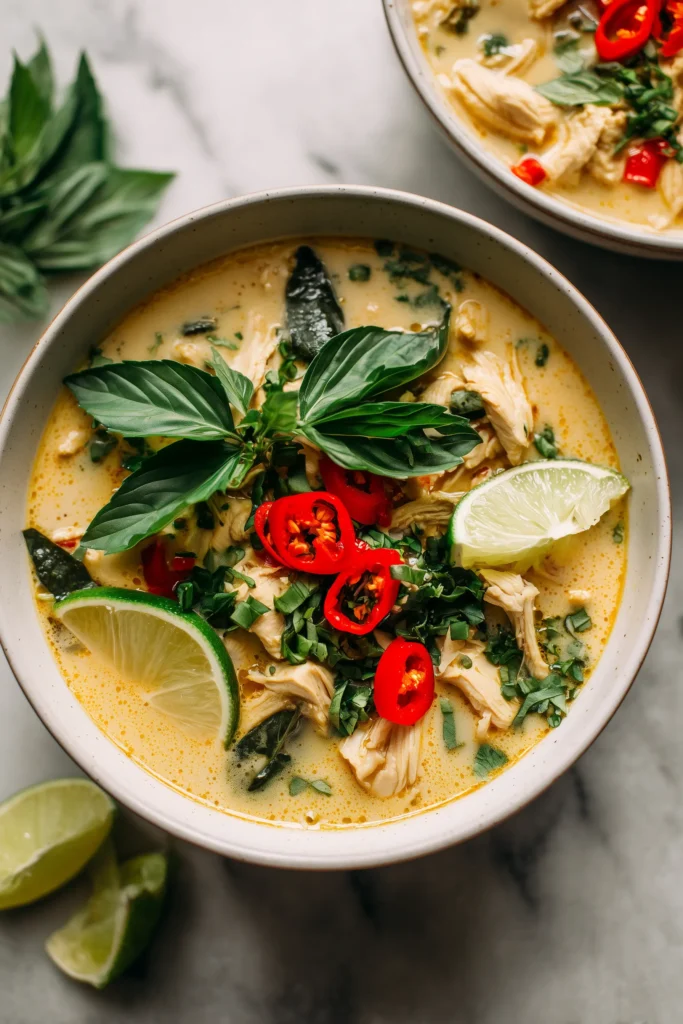Thai Chicken Curry Soup 4 Thai Chicken Curry Soup in a bowl, topped with cilantro, basil, chili, and lime, featuring a creamy coconut broth.
