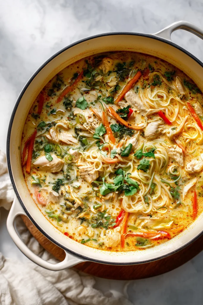 Thai Chicken Curry Soup 3 Simmering pot of Thai Chicken Curry Soup with red curry broth, chicken, herbs, and noodles on a light wood background.