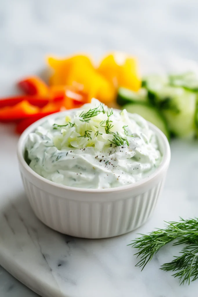 Bowl of creamy tzatziki sauce next to chopped veggies, ready for Greek Chicken Gyros.