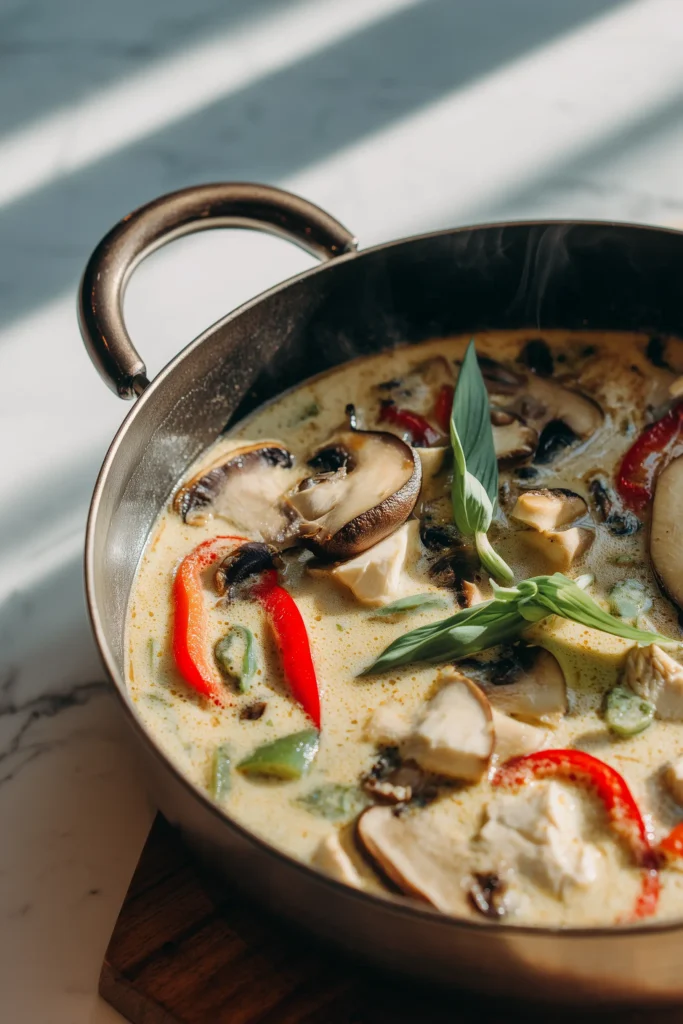 Creamy coconut curry broth for Vegan Thai Red Curry Ramen with vegetables gently simmering in a pot.