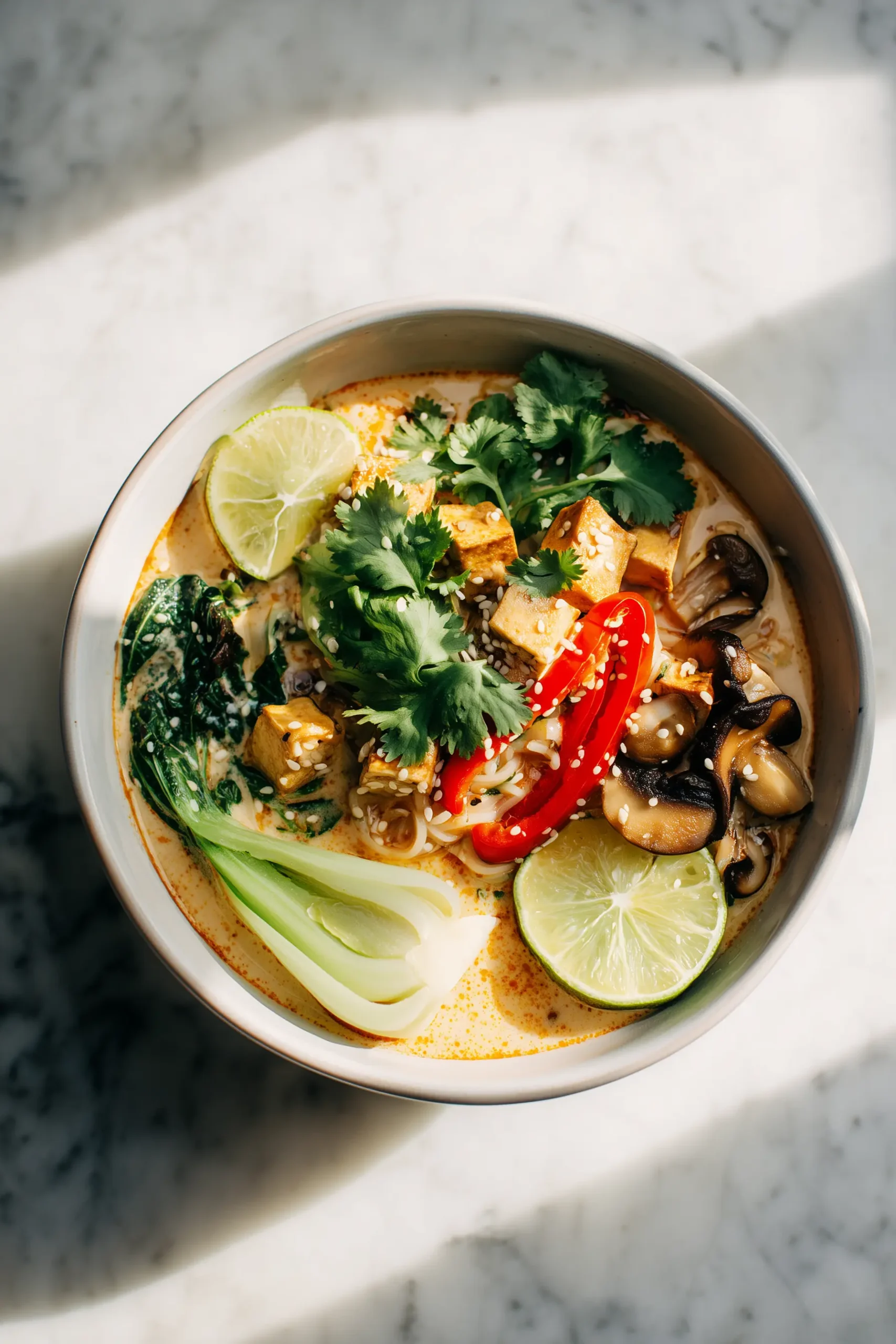 A bowl of Vegan Thai Red Curry Ramen with coconut broth, noodles, vegetables, and tofu, styled in a bright and inviting setting.