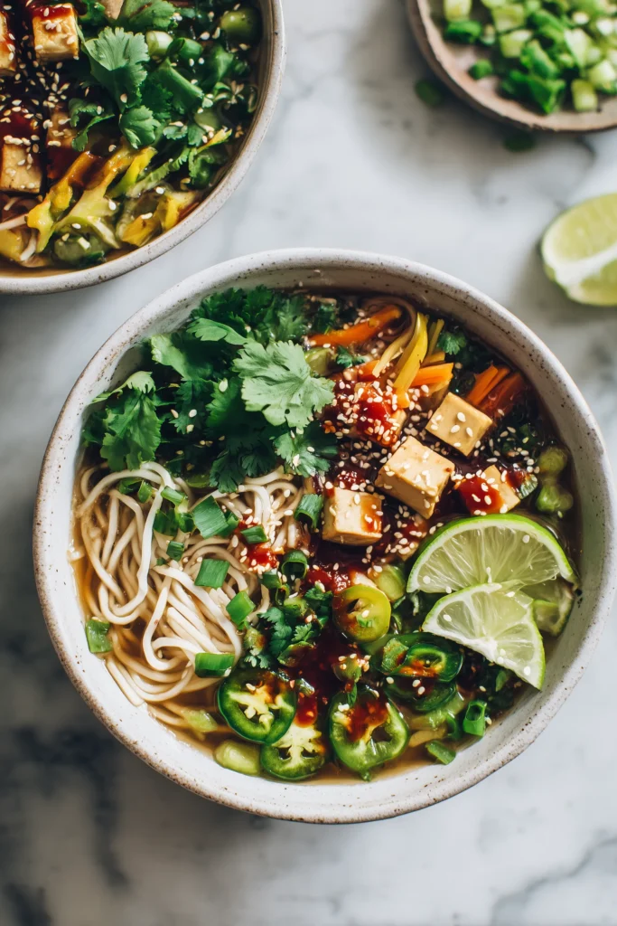 A bowl of Vegan Thai Red Curry Ramen topped with herbs, lime, chili oil, and seeds, set on a bright marble background.