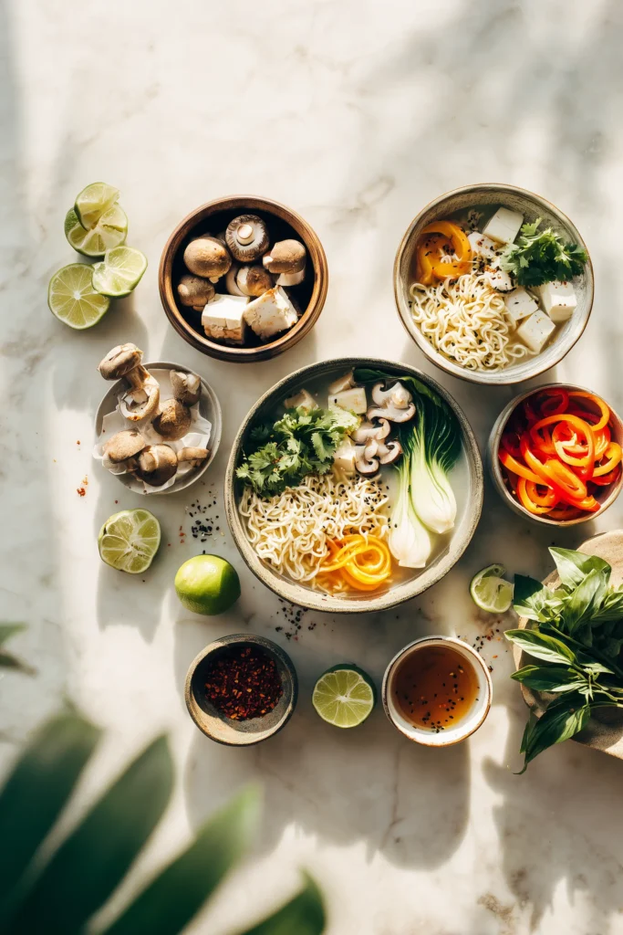 Overhead image of all the ingredients for Vegan Thai Red Curry Ramen arranged on a bright marble surface.