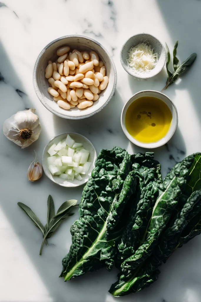 Ingredients for White Bean Escarole Soup displayed on a bright marble background: beans, escarole, onion, garlic, broth, olive oil.