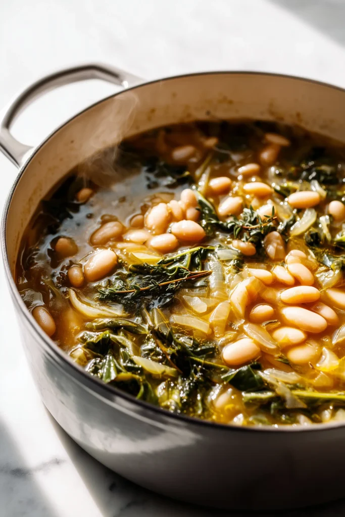 A pot of White Bean Escarole Soup simmering, showing beans, escarole, and savory broth.