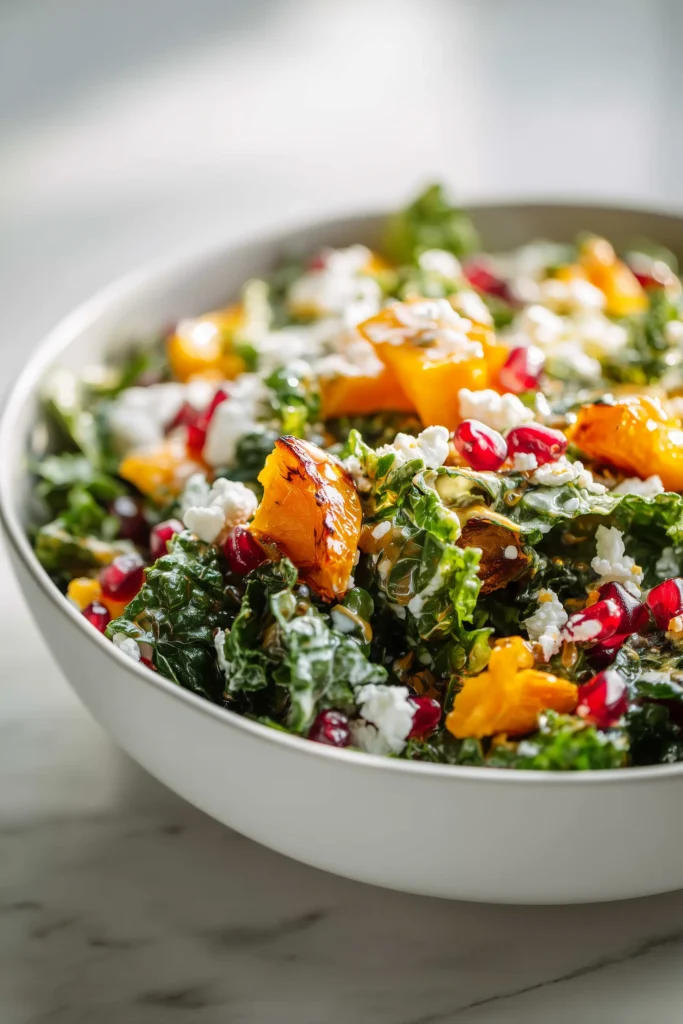 Winter Christmas Salad With Honey Mustard Dressing 3 Close-up of tossed Winter Christmas Salad With Honey Mustard Dressing, featuring glistening greens, squash, walnuts, and pomegranate.