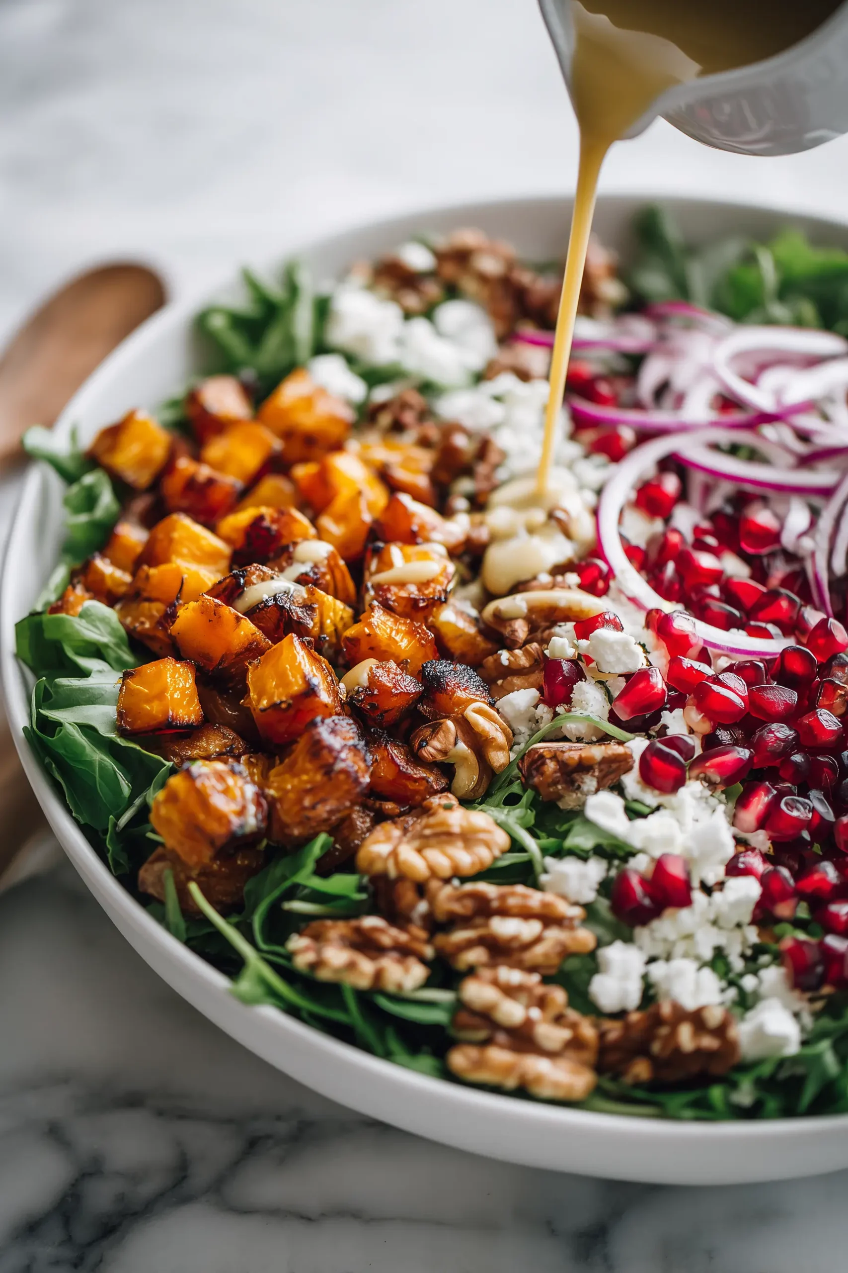 A bright bowl featuring Winter Christmas Salad With Honey Mustard Dressing, full of roasted vegetables, fresh greens, feta, walnuts, and pomegranate seeds on a white marble background.
