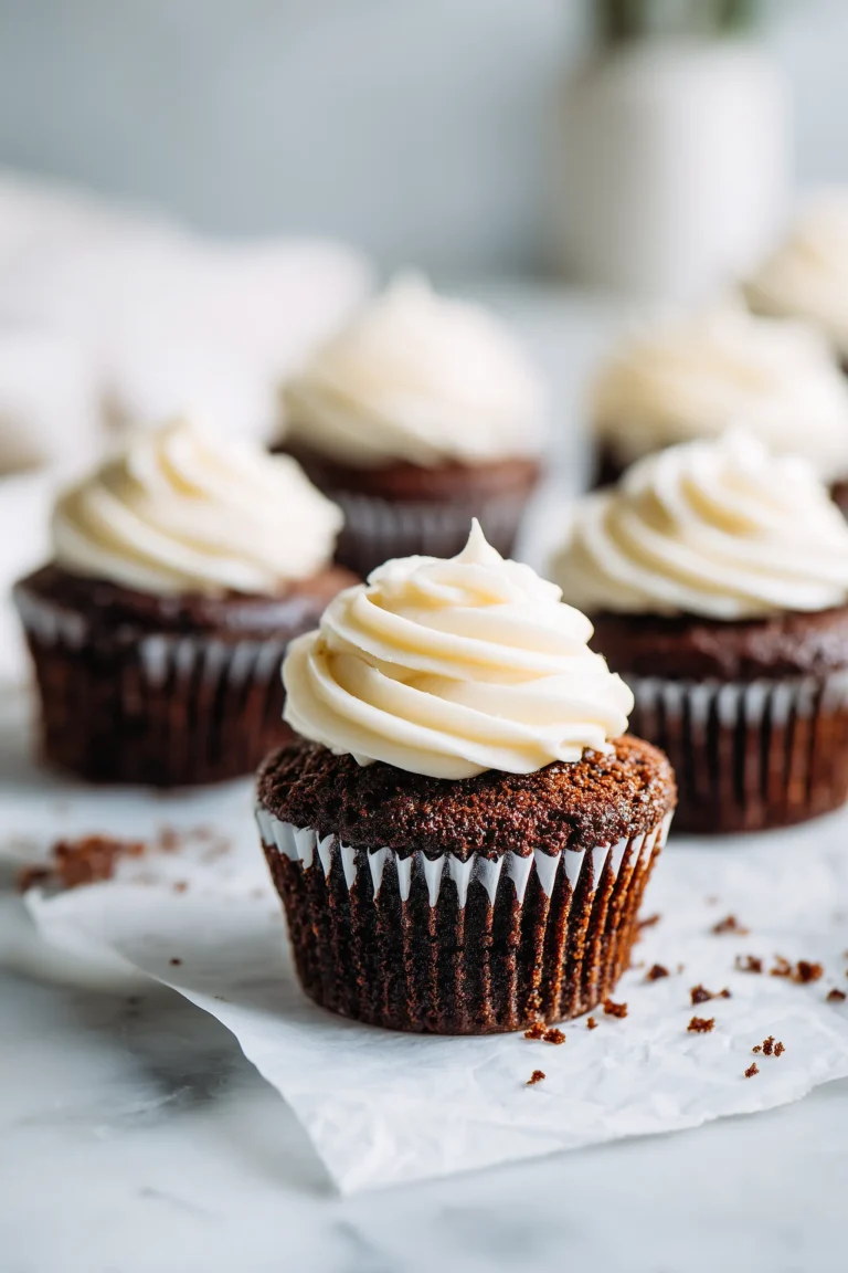 Close-up of Black Velvet Cupcakes with fluffy vanilla frosting, showing their signature dark color and tender crumb.
