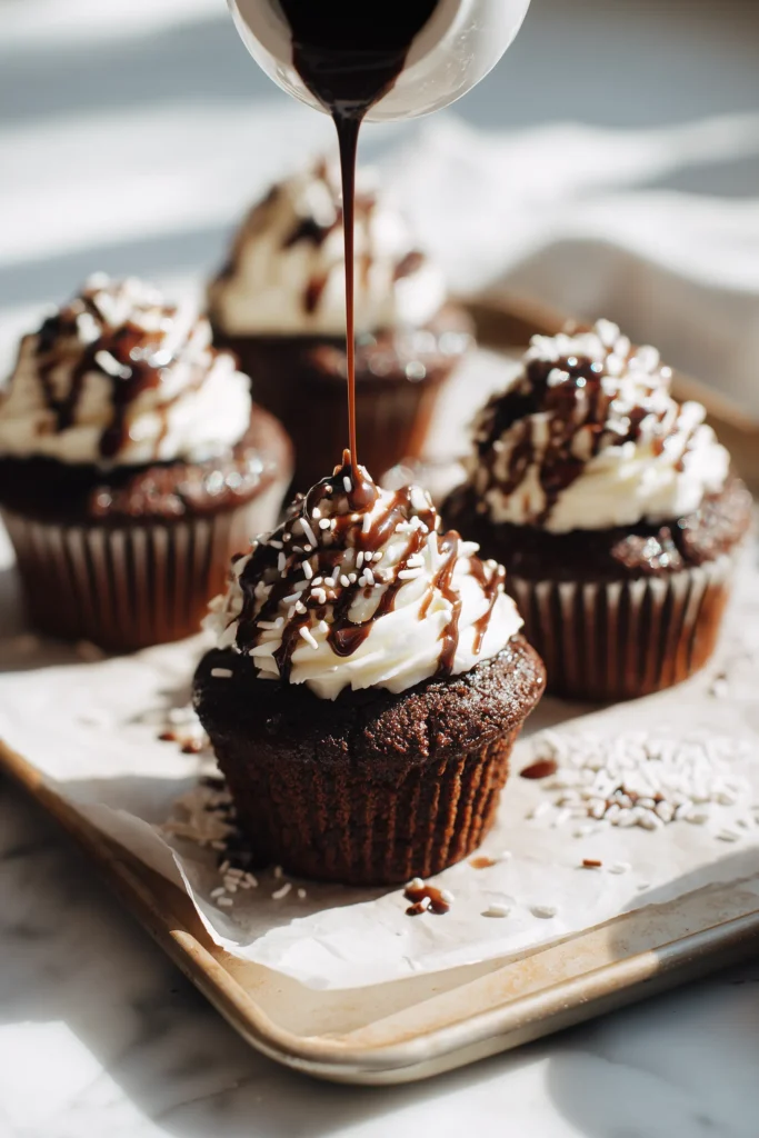 Step-by-step frosting of Black Velvet Cupcakes with creamy vanilla buttercream in a bright setting.