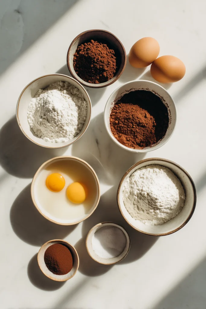 Baking ingredients for Black Velvet Cupcakes neatly arranged on a marble surface.