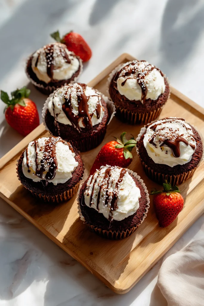 Black Velvet Cupcakes with vanilla buttercream and sprinkles on a wooden tray, ready to serve.