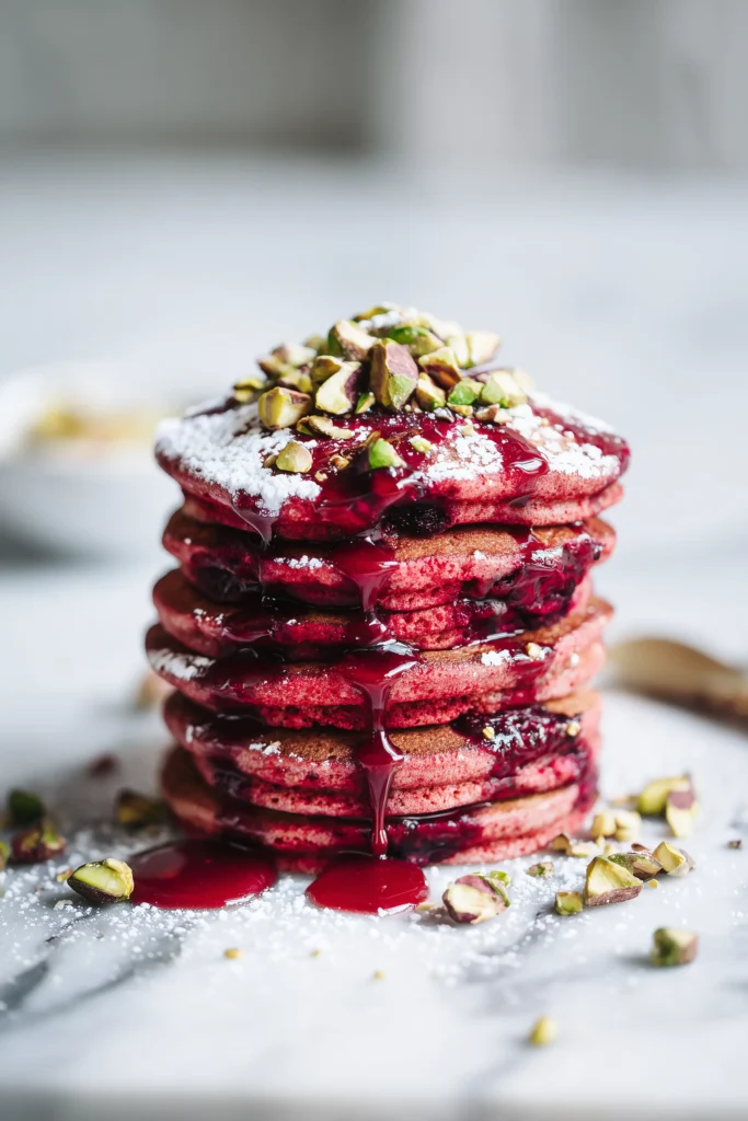 A close-up of Cherry Red Velvet Pancakes with cherry swirls and powdered sugar, garnished with pistachios on a bright marble background.