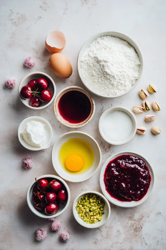 Overhead layout of Cherry Red Velvet Pancakes ingredients, including mixes, dairy, cherry preserves, and pistachios, on a bright surface.