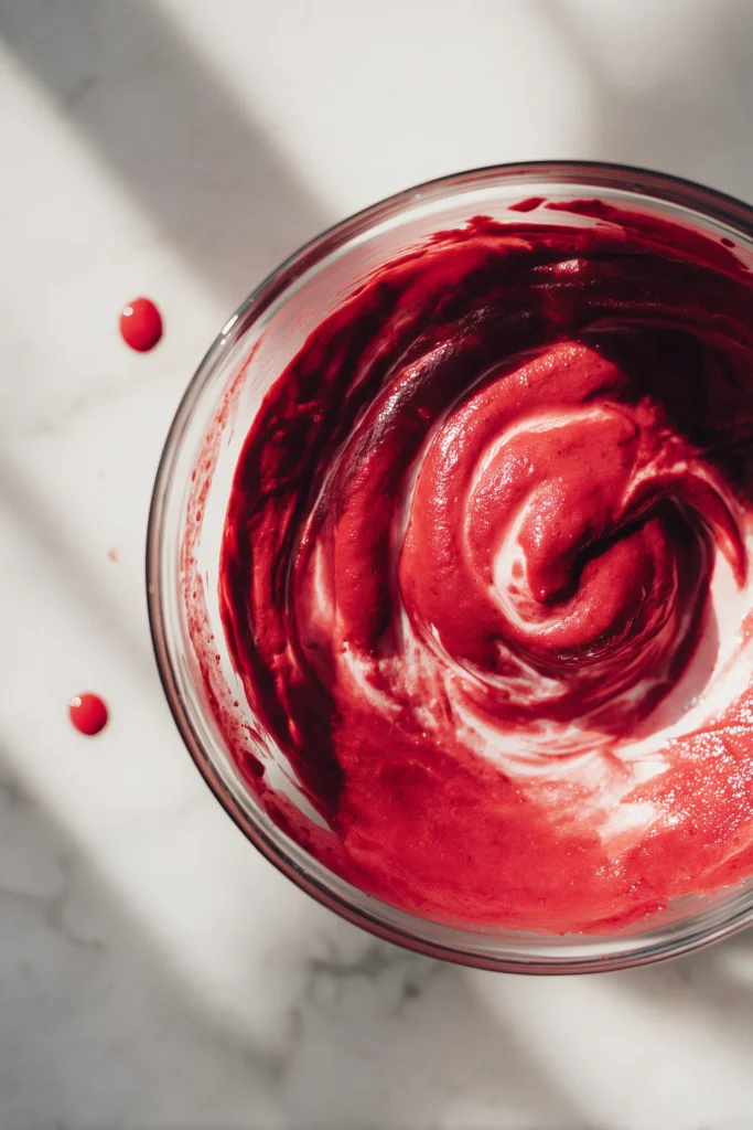 Swirling cherry preserves into red velvet pancake batter for Cherry Red Velvet Pancakes, showing vibrant color and texture.