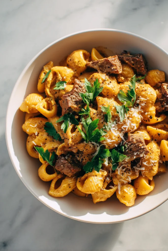 A bowl of Creamy Paprika Steak Shells topped with herbs and parmesan, perfect for a cozy meal.