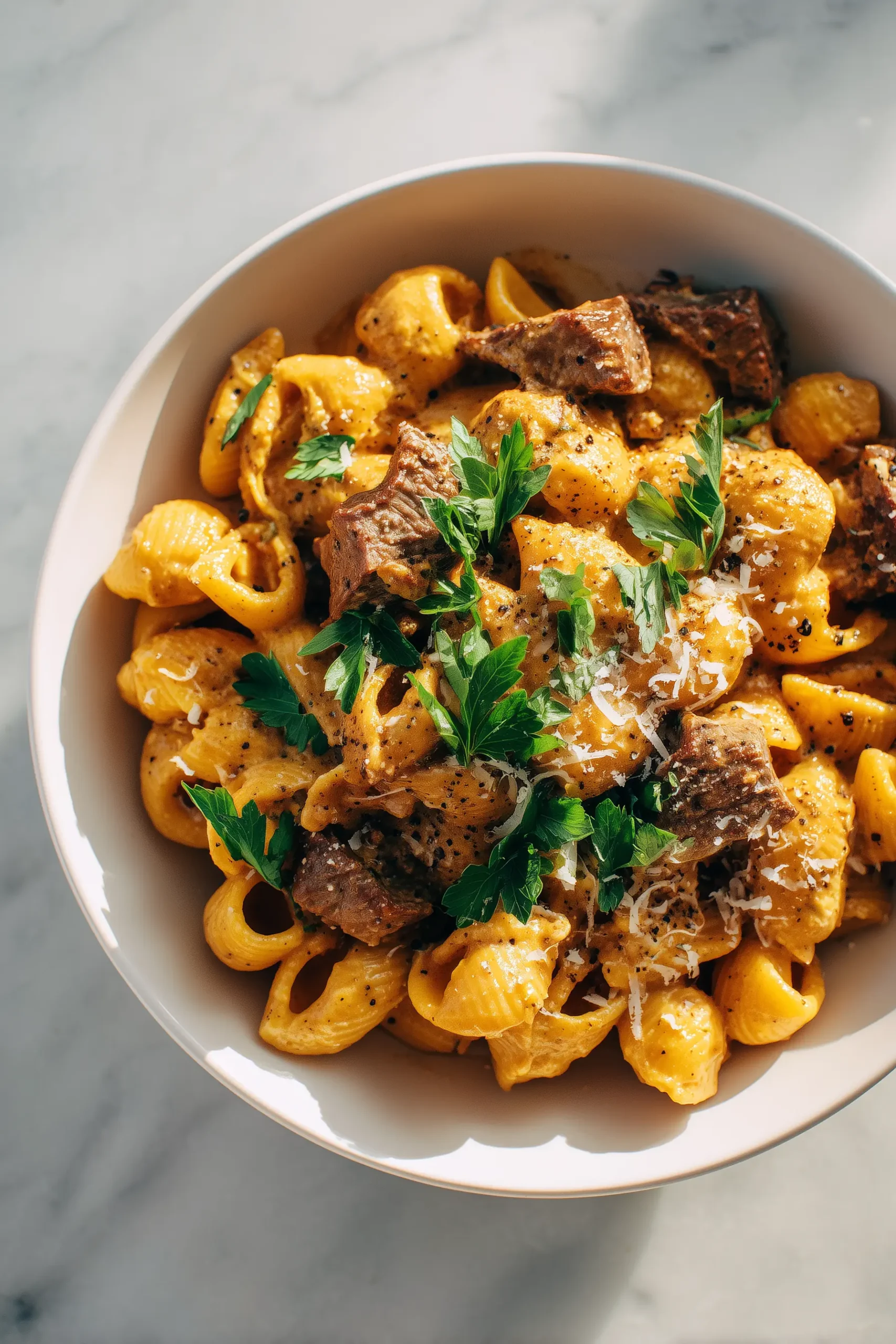 A bowl of Creamy Paprika Steak Shells topped with herbs and parmesan, perfect for a cozy meal.