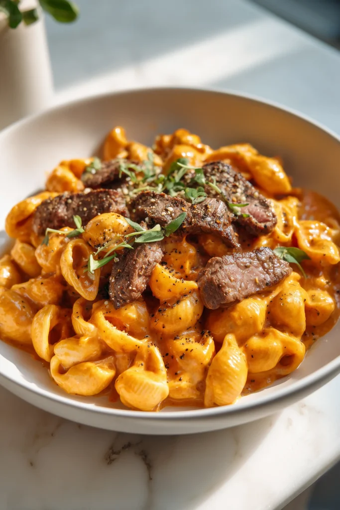 A skillet of Creamy Paprika Steak Shells with steak, pasta shells, and creamy paprika sauce garnished with herbs.