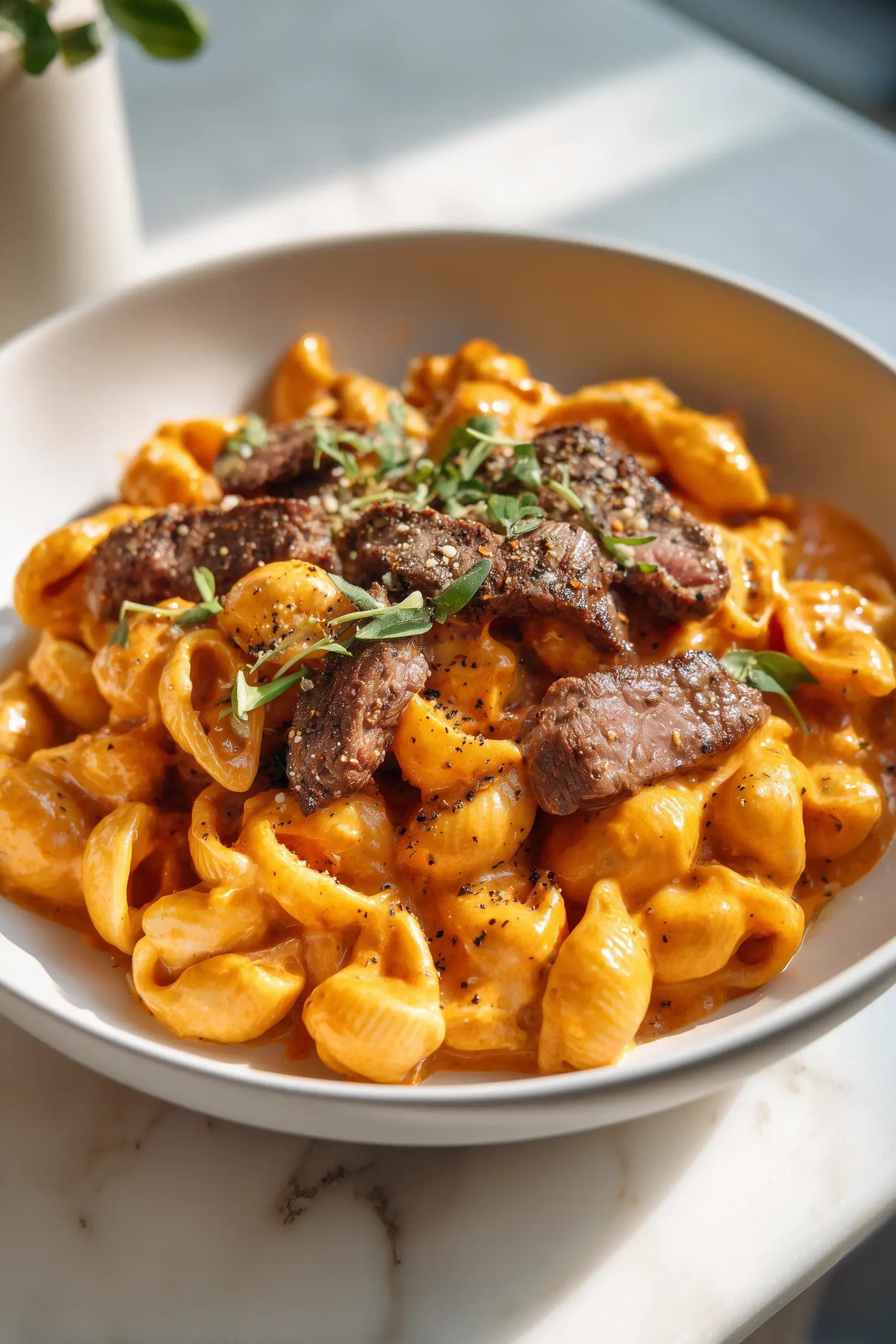 A skillet of Creamy Paprika Steak Shells with steak, pasta shells, and creamy paprika sauce garnished with herbs.