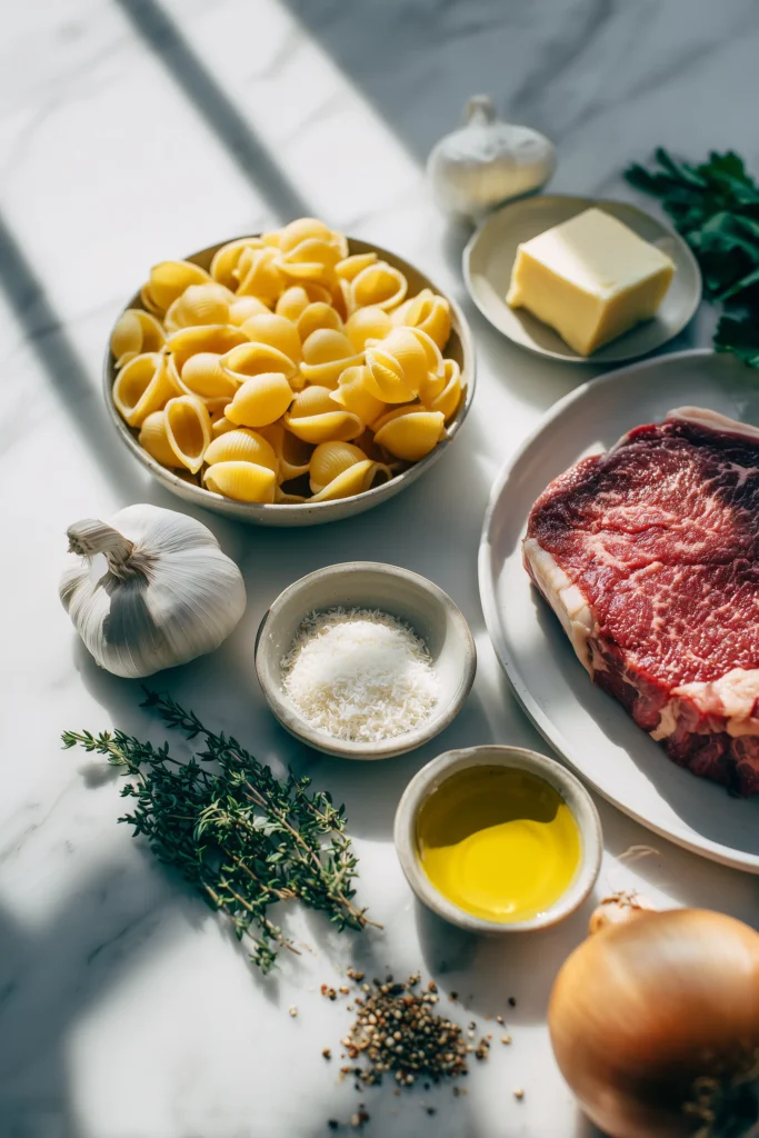 The ingredients for Creamy Paprika Steak Shells neatly arranged on a marble counter.