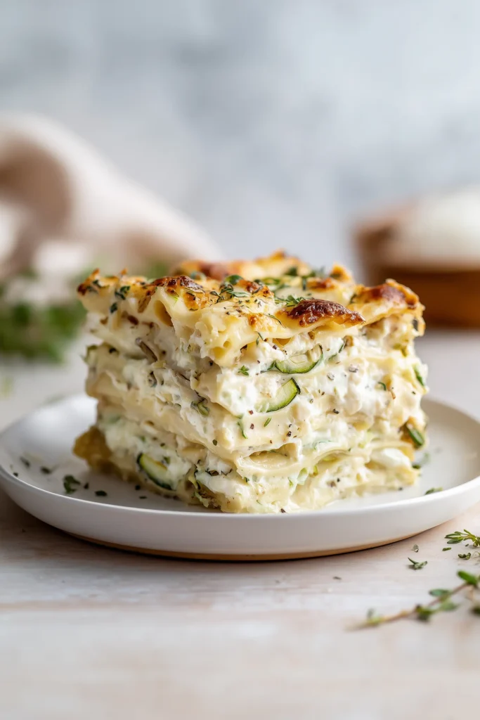 Close-up of a sliced Loaded Veggie White Lasagna with creamy sauce, roasted veggies, and melted cheese on a white plate.