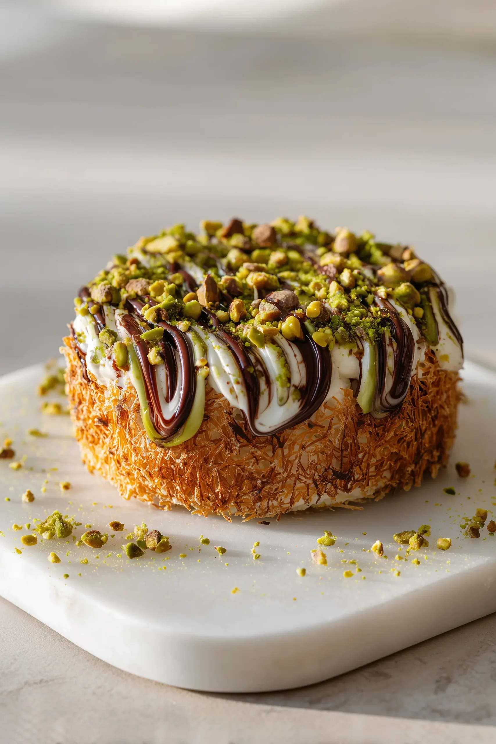A Dubai Pistachio Cheese Bomb with golden kataifi and pistachio crust, chocolate drizzles, on a marble platter.