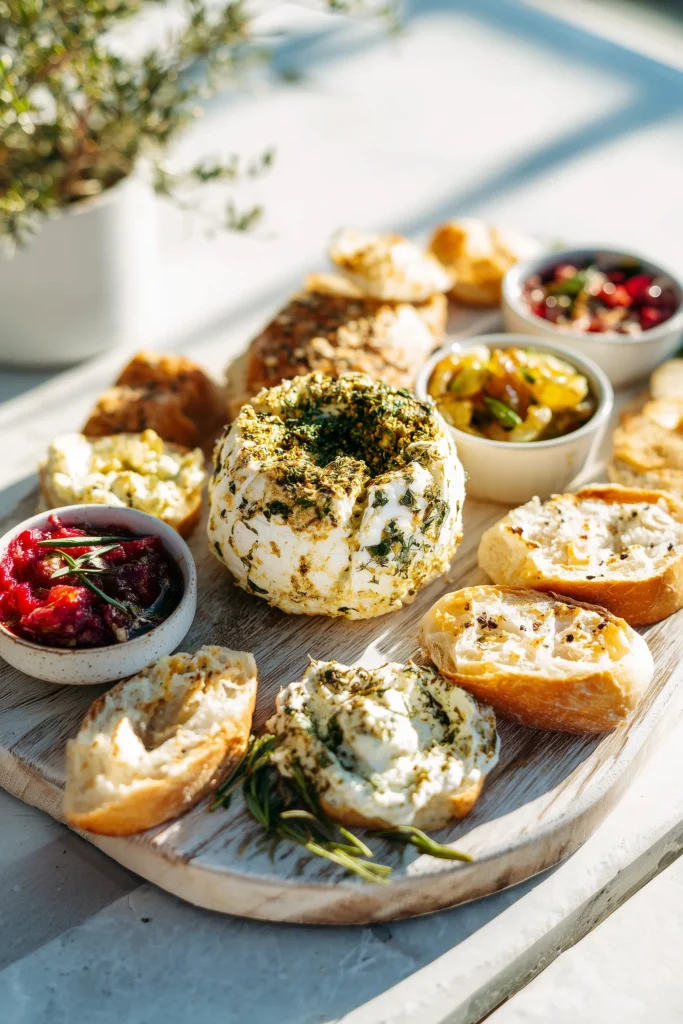 Dubai Pistachio Cheese Bomb centerpiece with sides like fresh breads, dips, and salad on a marble table.
