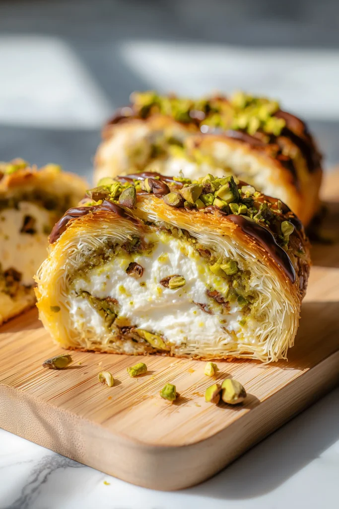 A slice of Dubai Pistachio Cheese Bomb revealing gooey cheese middle, crispy kataifi crust, and pistachios.
