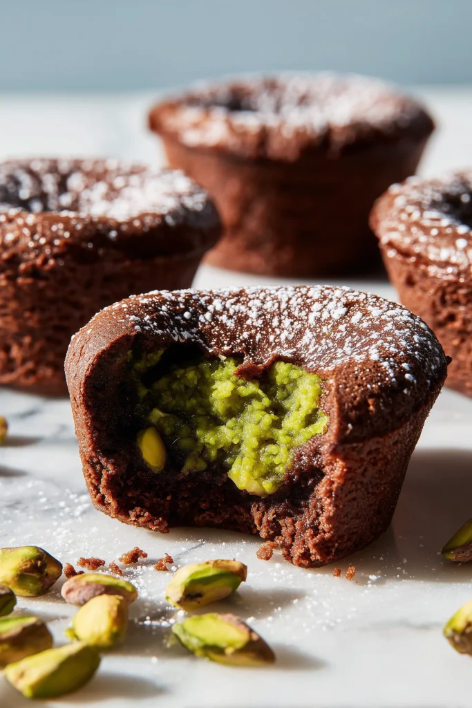 Pistachio Chocolate Lava Cakes shown cracked open, displaying the molten chocolate and pistachio center on a bright marble surface.
