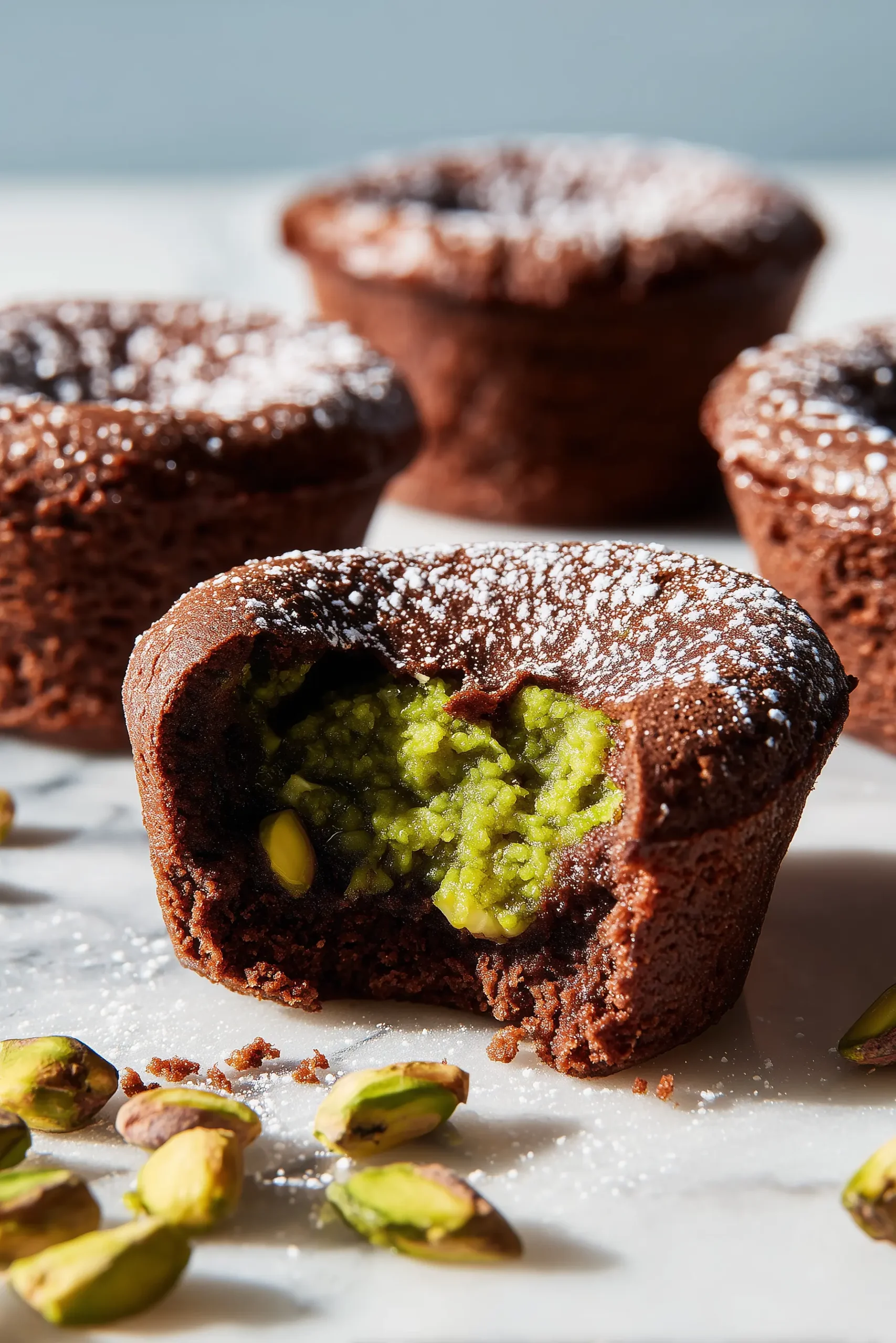 Pistachio Chocolate Lava Cakes shown cracked open, displaying the molten chocolate and pistachio center on a bright marble surface.