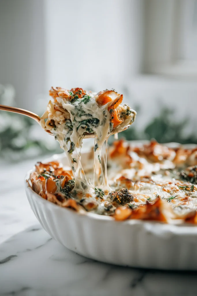 Featured casserole of Loaded Veggie White Lasagna baked to golden perfection, with visible layers of vegetables, sauce, and bubbling cheese.