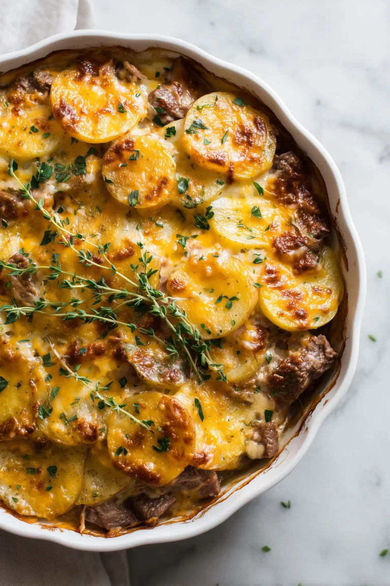 Garlic Butter Steak & Cheddar Potato Bake in a white baking dish, with golden brown potatoes, steak slices, and melted cheddar cheese.