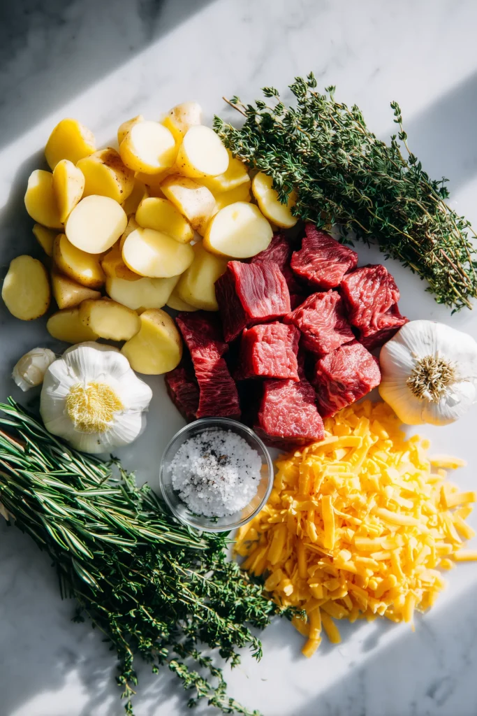 Overhead view of ingredients for Garlic Butter Steak & Cheddar Potato Bake including potatoes, steak, cheddar, garlic, herbs, butter, and seasonings.