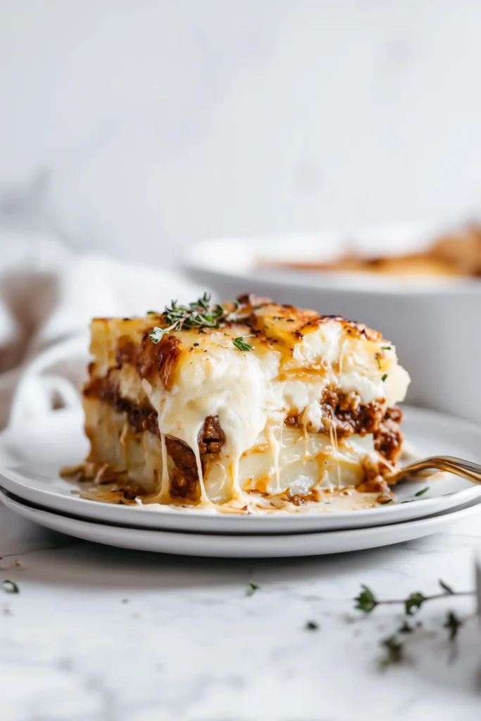 Slice of Garlic Butter Steak & Cheddar Potato Bake on a plate showing layers of steak, potato, and cheddar cheese.