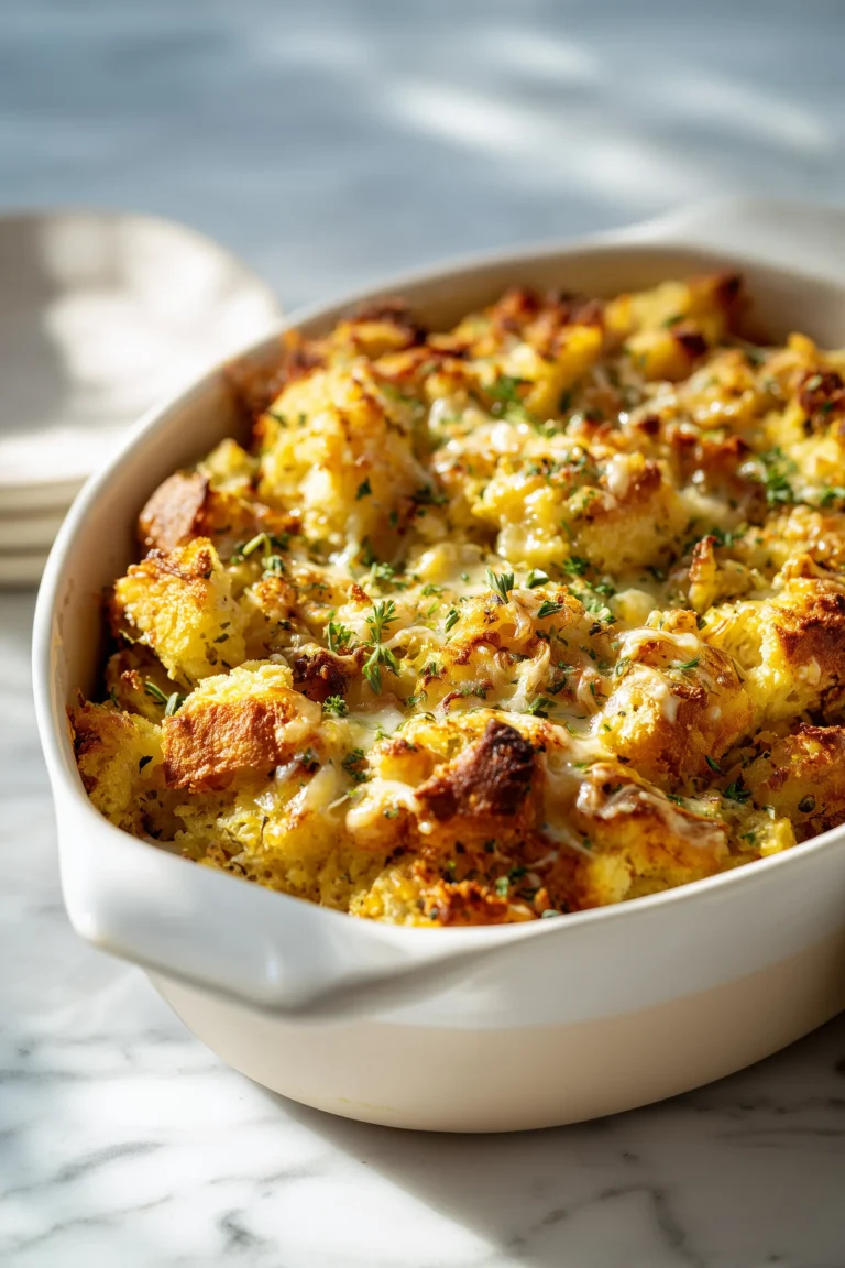A close-up of Hashbrown Biscuit Breakfast Bake featuring golden biscuits, crisp hashbrowns, and melted cheese in a casserole dish.